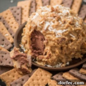 Love German chocolate cake? Especially that sticky coconut frosting? This German Chocolate Cake Cheese Ball is way easier than cake but just as delicious! ohsweetbasil.com