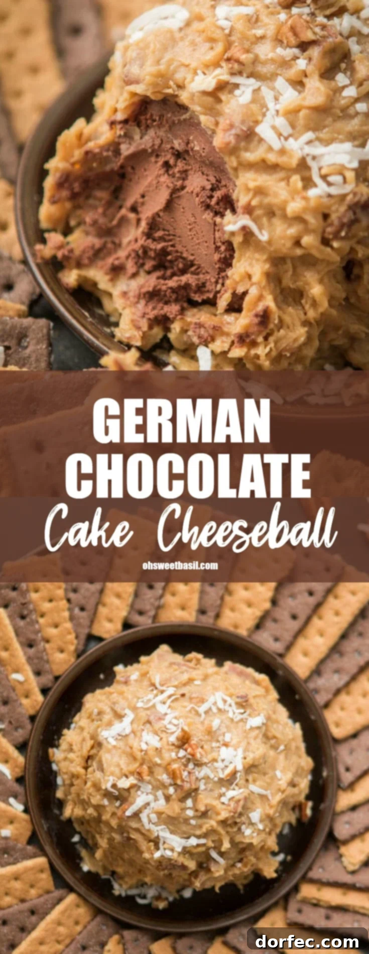 A German Chocolate Cake Cheeseball with shredded coconut on top