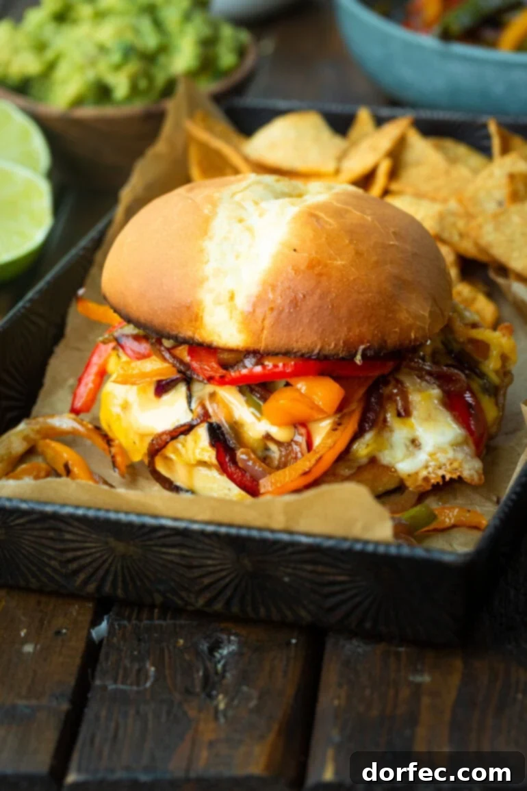 Sizzling Mexican Fajita Burgers 3 A vibrant Mexican fajita burger served on a rustic tray, accompanied by a generous pile of crispy tortilla chips, inviting you to dig in.