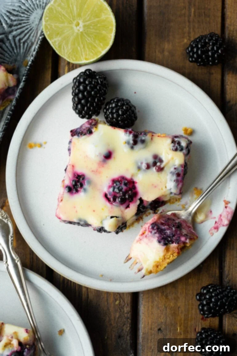 Effortless Blackberry Lime Bars 2 A close-up photo of a single blackberry lime bar on a small plate, with a bite taken out by a fork resting beside it, highlighting the creamy filling and graham cracker crust.