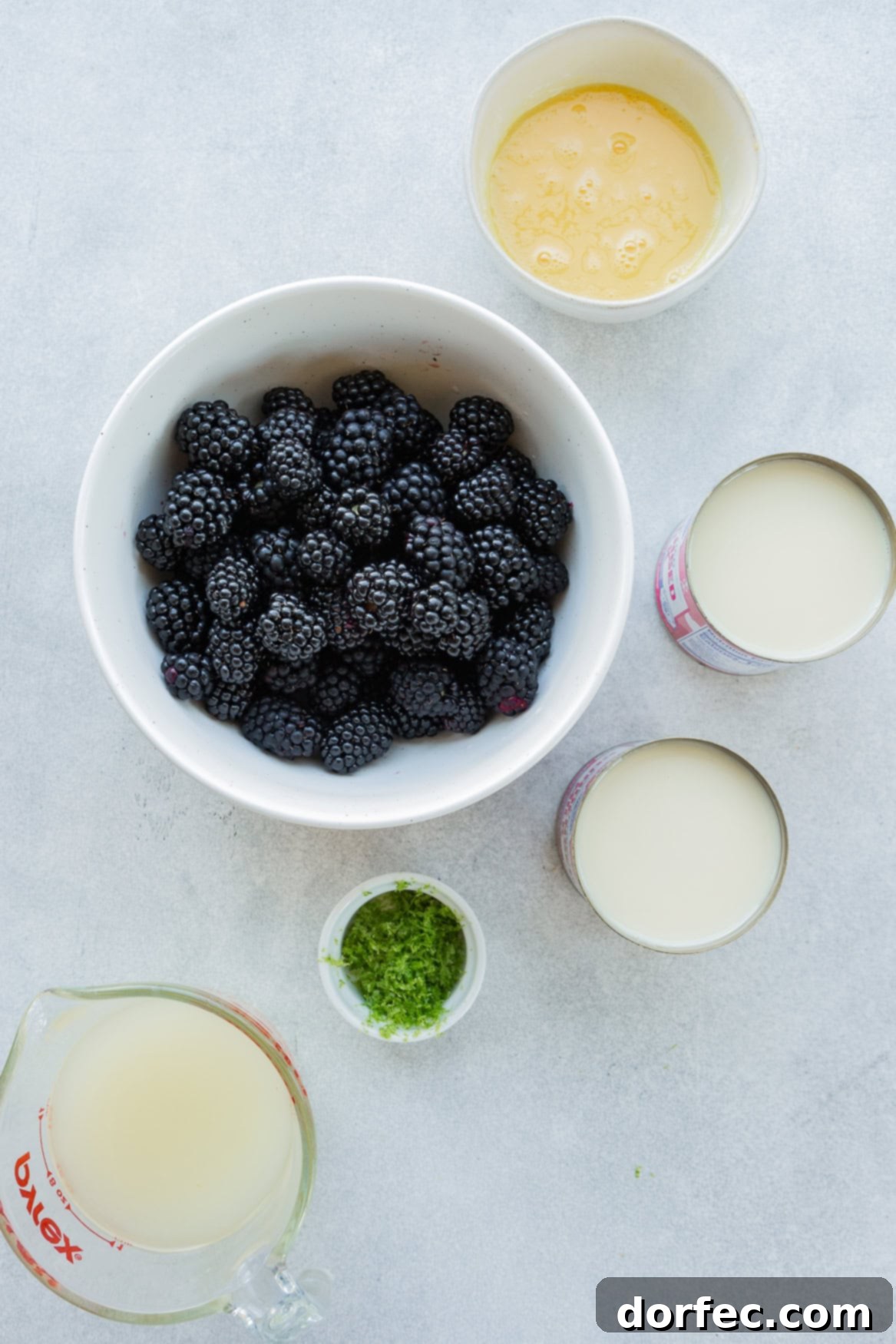 Effortless Blackberry Lime Bars 4 An overhead shot showcasing all the essential ingredients for blackberry lime bars neatly arranged in separate small bowls, including fresh blackberries, vibrant lime zest, tangy lime juice, and a can of sweetened condensed milk.