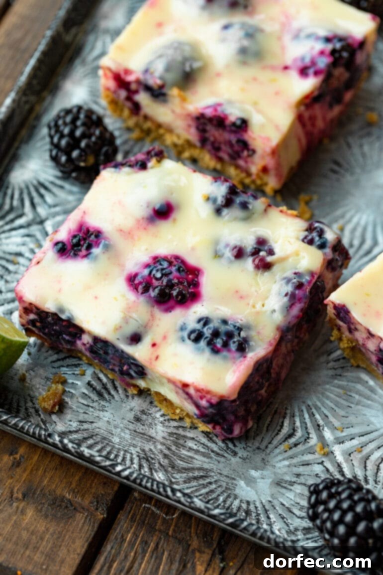 Effortless Blackberry Lime Bars 9 A beautifully composed photo of a creamy blackberry lime bar, highlighting its sturdy graham cracker crust and the abundance of fresh blackberries embedded in the zesty filling.