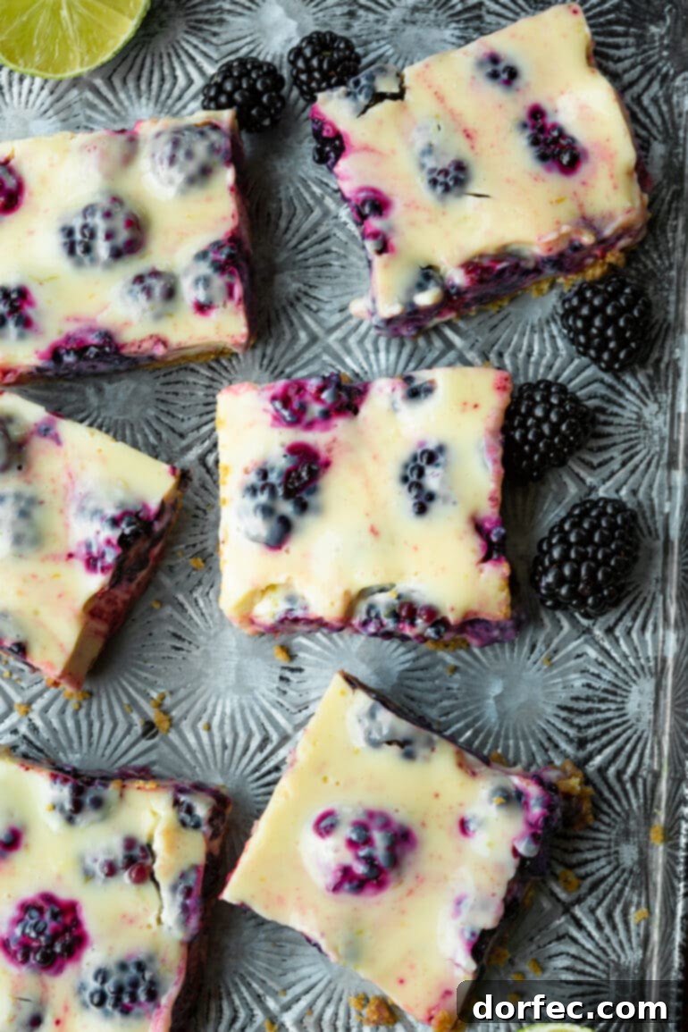 Effortless Blackberry Lime Bars 10 A metal serving tray holding an inviting array of blackberry lime bars, with scattered fresh blackberries enhancing the visual appeal of the dessert.