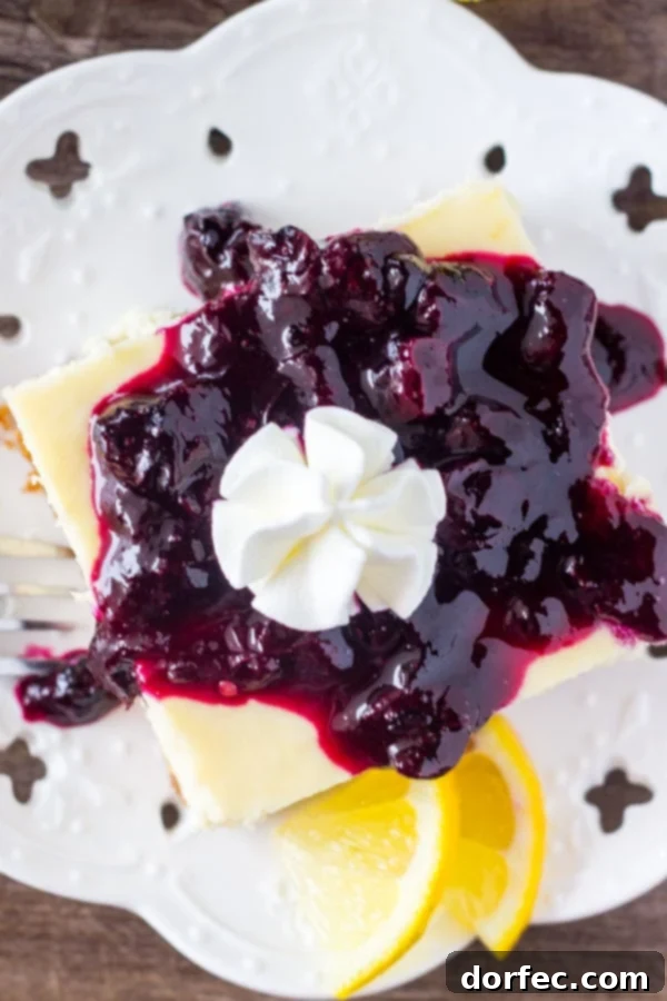 Perfectly Portioned Lemon Blueberry Cheesecake Square Close-up of a single lemon blueberry cheesecake square with thick blueberry topping