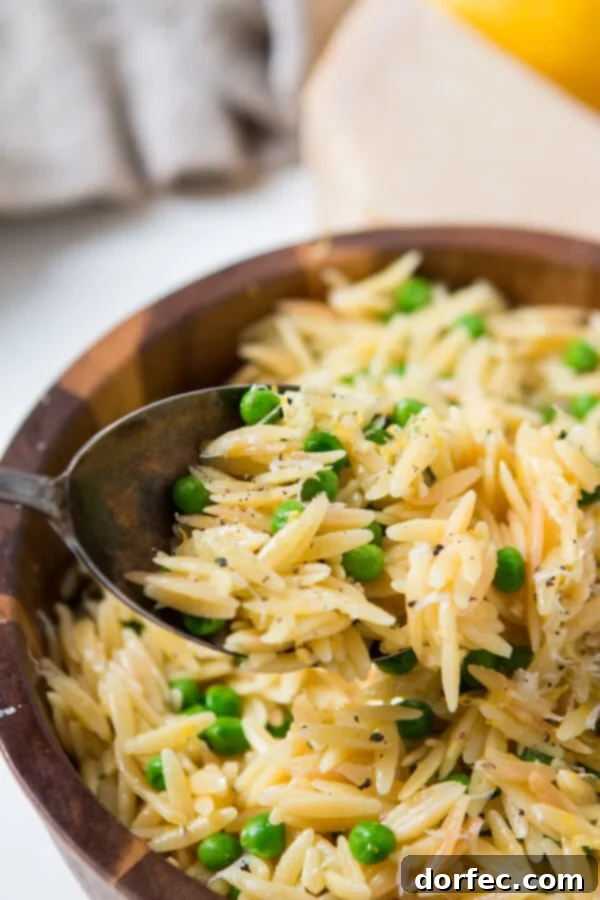 A silver spoon artfully scooping up a portion of creamy lemon orzo pasta, enriched with bright green peas, delicate shaved Parmesan cheese, and a generous sprinkle of black pepper.