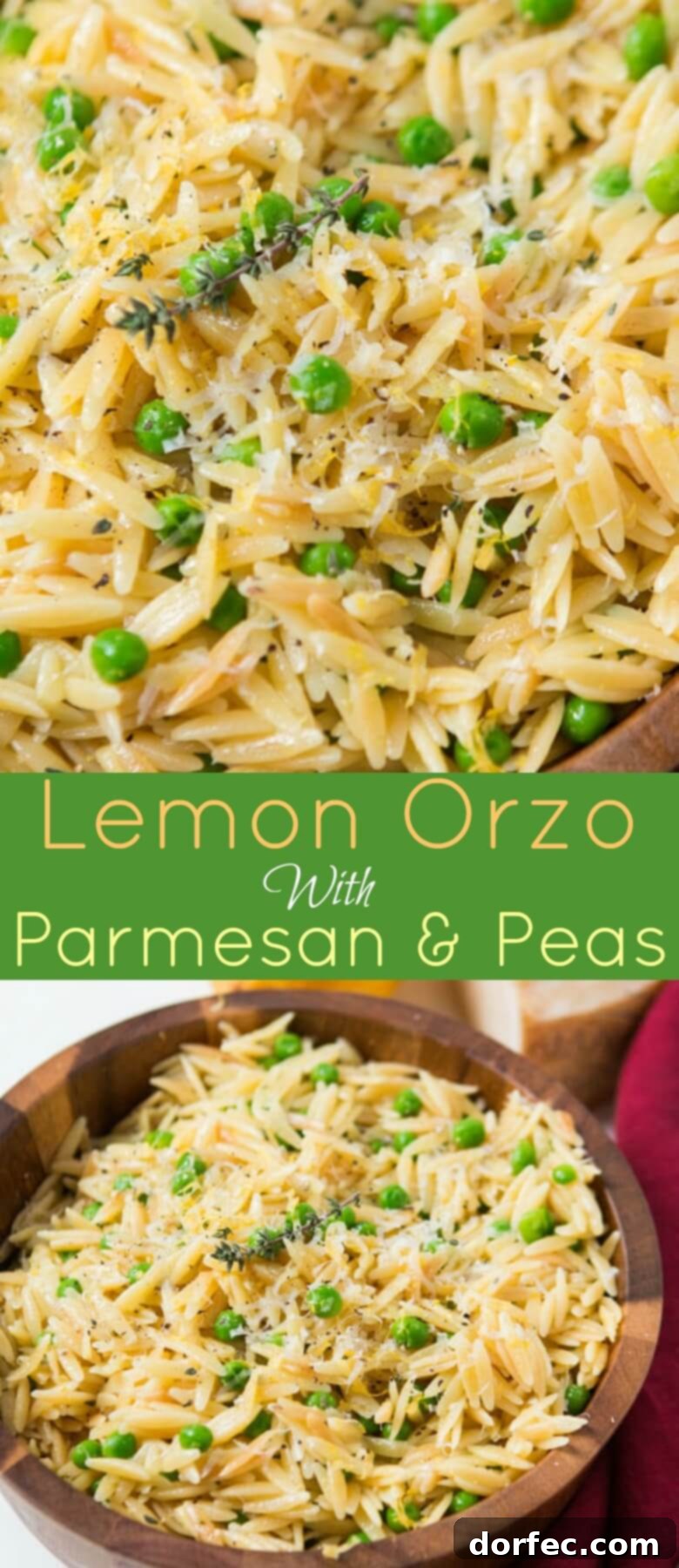 A photo collage showcasing the delicious lemon orzo pasta with parmesan and peas in a wooden bowl, highlighting its fresh ingredients and inviting presentation.