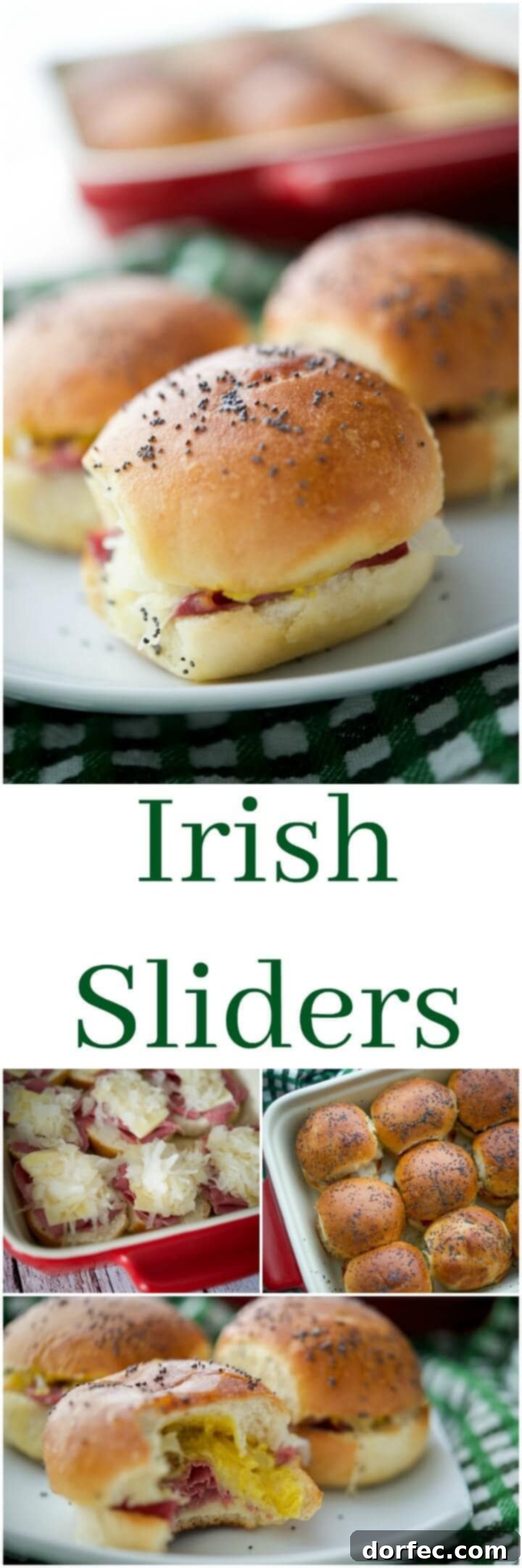 Paddy's Pub Sliders 3 These Cheesy Irish Sliders made with corned beef, Dubliner Irish cheese, sauerkraut & Irish mustard on potato slider rolls are a must have!