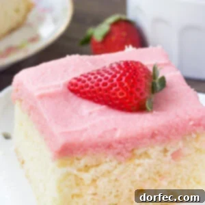 Strawberry Kissed Vanilla Dream Cake 3 Soft, moist vanilla sheet cake topped with strawberry buttercream - you'll love the flavor combo and pretty pink color of this vanilla cake with fresh strawberry frosting.