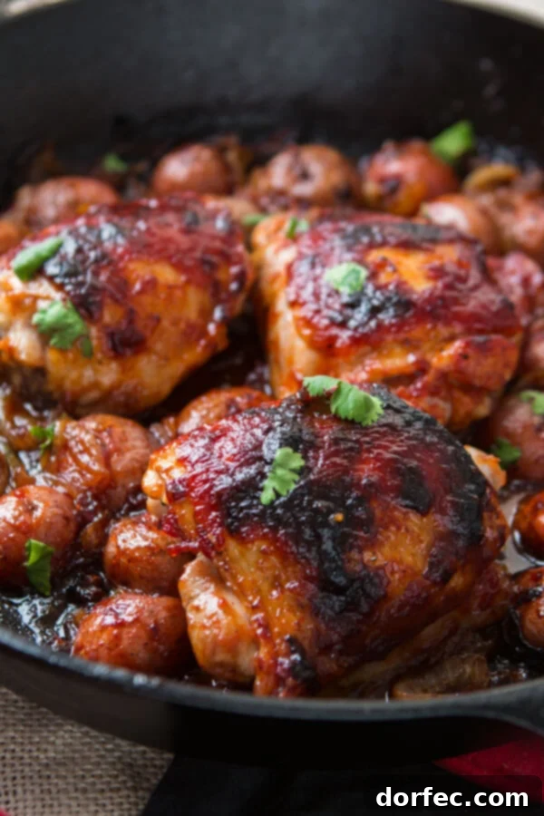 Overview of a one-skillet BBQ chicken and potatoes meal, showing all ingredients cooking together in the pan, ready for a delicious make-ahead dinner.