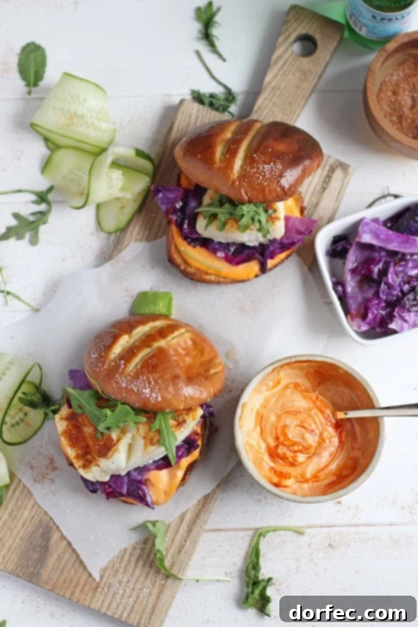 Easy Oven-Baked Fish Burger Recipe Close-up of a perfectly cooked blackened fish fillet on a brioche bun with sriracha mayo, purple cabbage, and arugula.
