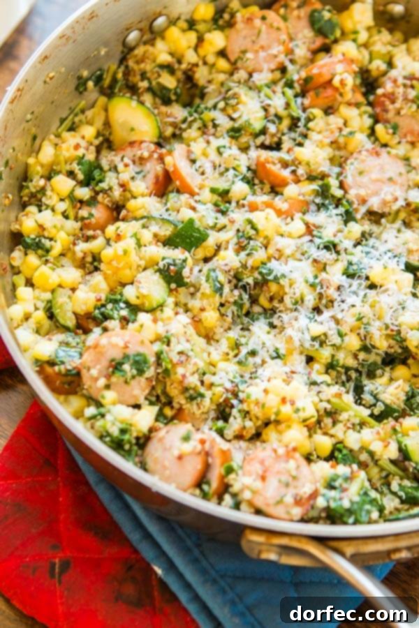 Delicious and healthy sausage kale quinoa skillet, a quick one-pan meal perfect for busy families or empty nesters.