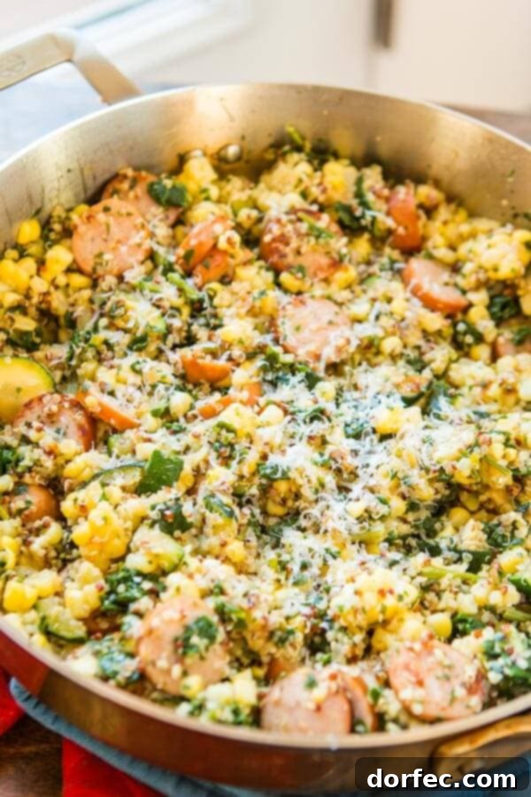 Savory sausage, fresh kale, and wholesome quinoa come together in a quick and easy skillet meal.
