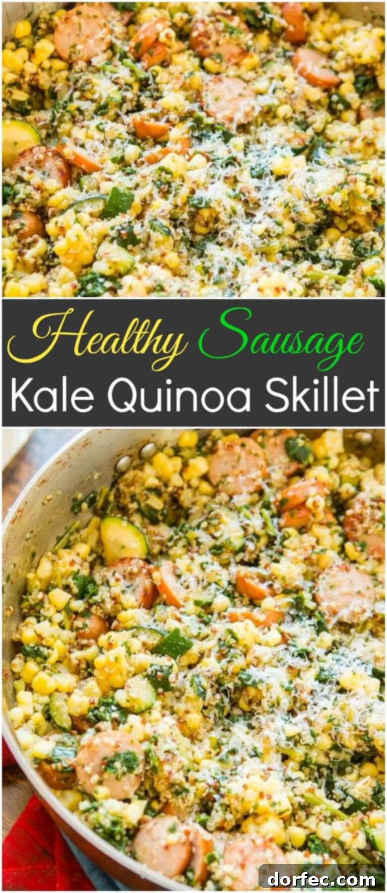 A beautifully plated healthy sausage kale quinoa skillet, ready to be enjoyed.