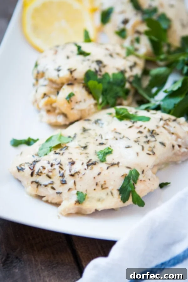 Tender Slow Cooker Lemon Butter Chicken served with fresh lemon slices, perfect for summer.