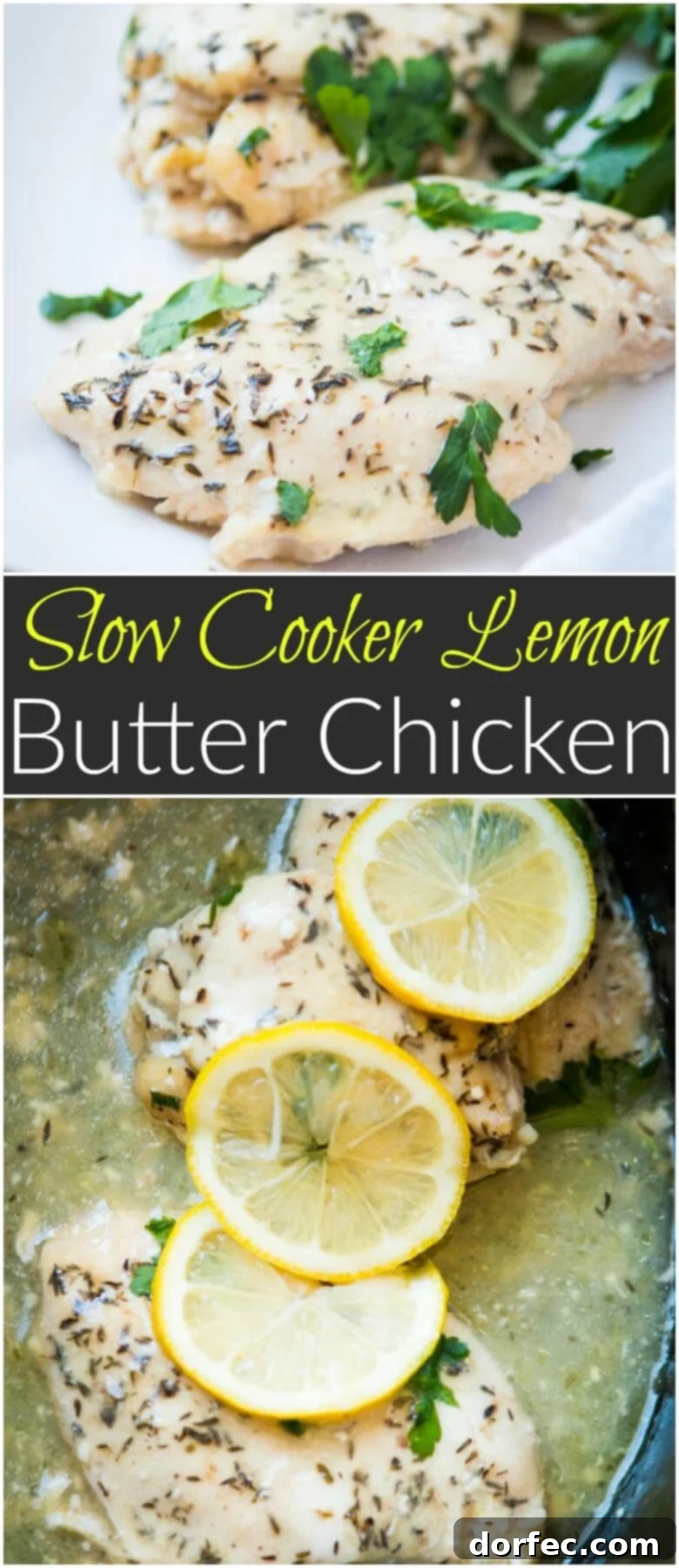 Finished Slow Cooker Lemon Butter Chicken, a simple and healthy meal option.