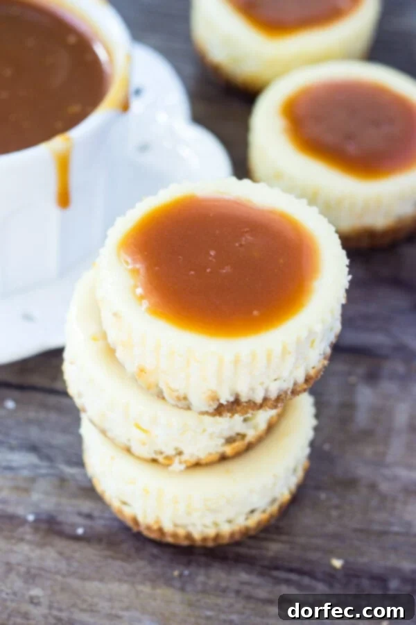 Homemade Salted Caramel Mini Cheesecakes Stack of three mini cheesecakes topped with golden salted caramel sauce