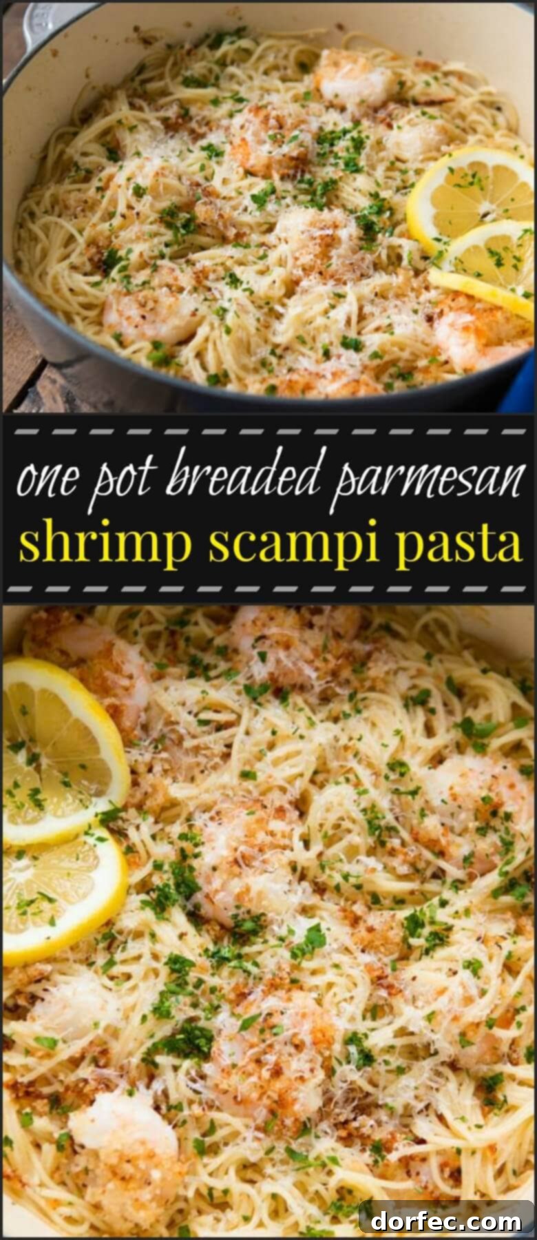 One Pot Crispy Parmesan Shrimp Scampi Pasta 7 A generous serving of the finished One Pot Breaded Parmesan Shrimp Scampi Pasta, garnished with fresh herbs and a sprinkle of cheese, inviting you to dig in.