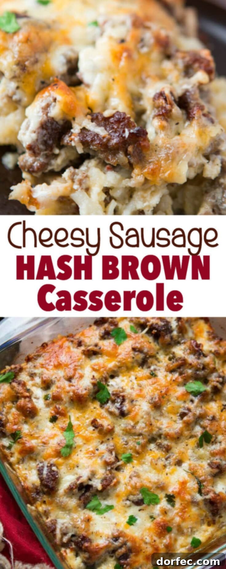 Sunrise Sausage Hash Delight 3 Close-up of a slice of cheesy hash brown sausage breakfast casserole