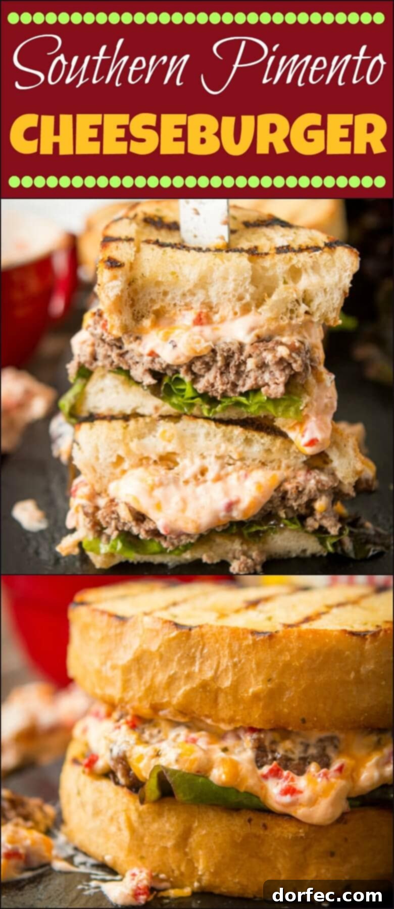 A vibrant, close-up image of the Southern Pimento Cheeseburger, layered with rich ingredients on grilled Texas Toast, ready to be enjoyed.