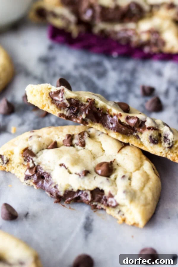 A golden-baked fudge-filled chocolate chip cookie broken in half, revealing a rich, dark chocolate fudge filling