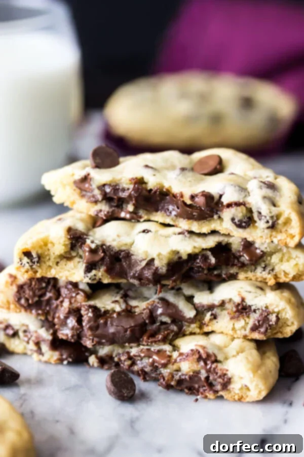 Smooth, rich chocolate fudge filling visible in the center of a freshly baked chocolate chip cookie