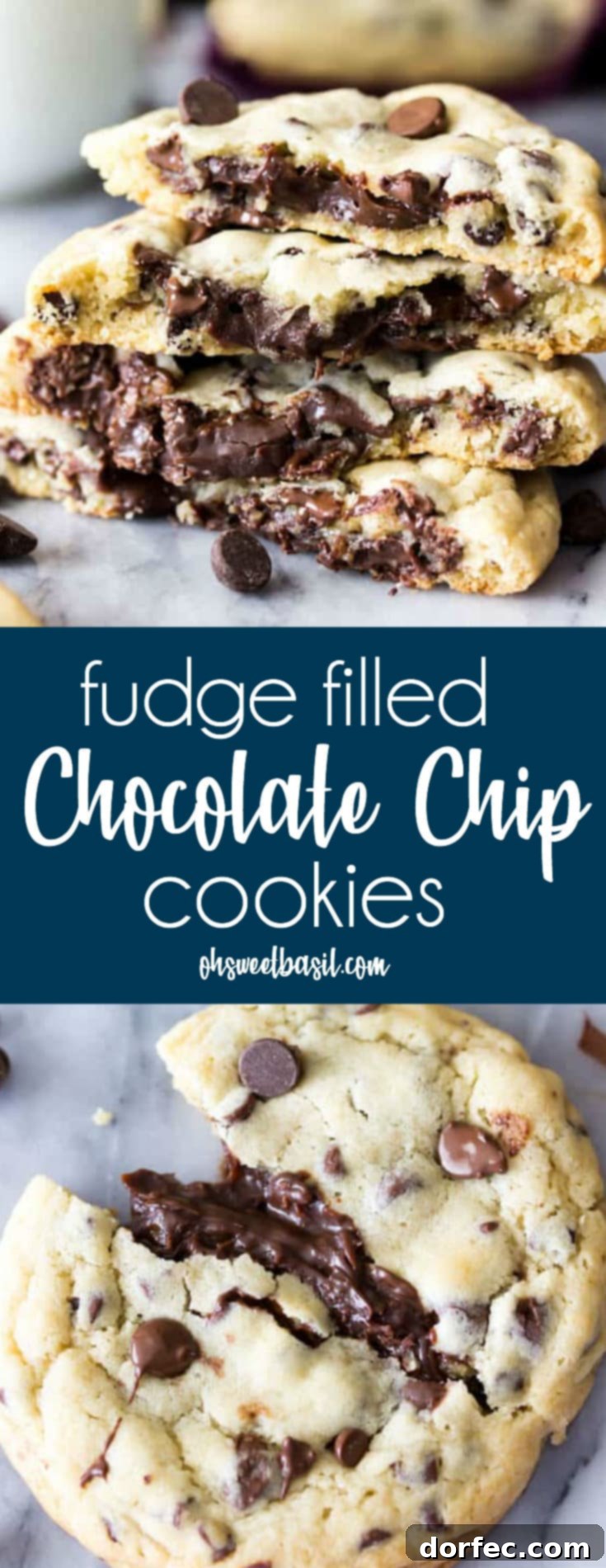 A stack of golden-baked fudge-filled chocolate chip cookies, showcasing their perfect texture and delicious appeal