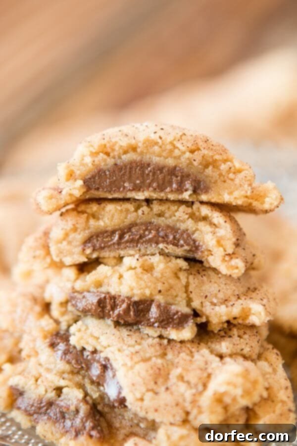 Close-up of peanut butter cookies stuffed with a chocolate center and coated in cinnamon sugar, irresistible to any dessert lover