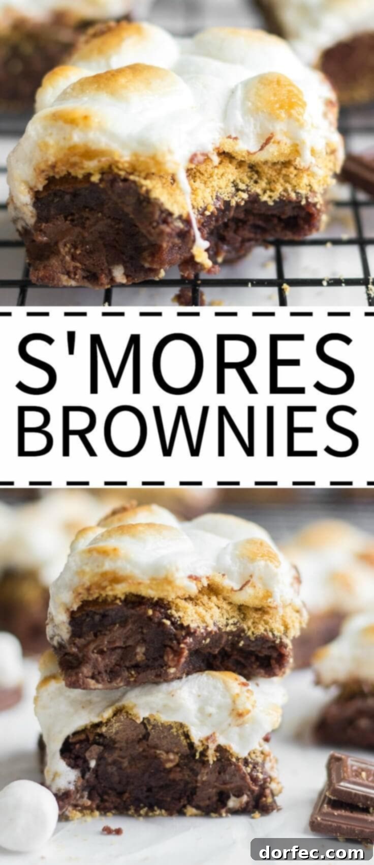 The Ultimate Chewy S'mores Brownies A large tray of chewy S'mores brownies, layered with rich Hershey's chocolate and graham cracker crumbs, and topped with golden, toasted marshmallows.