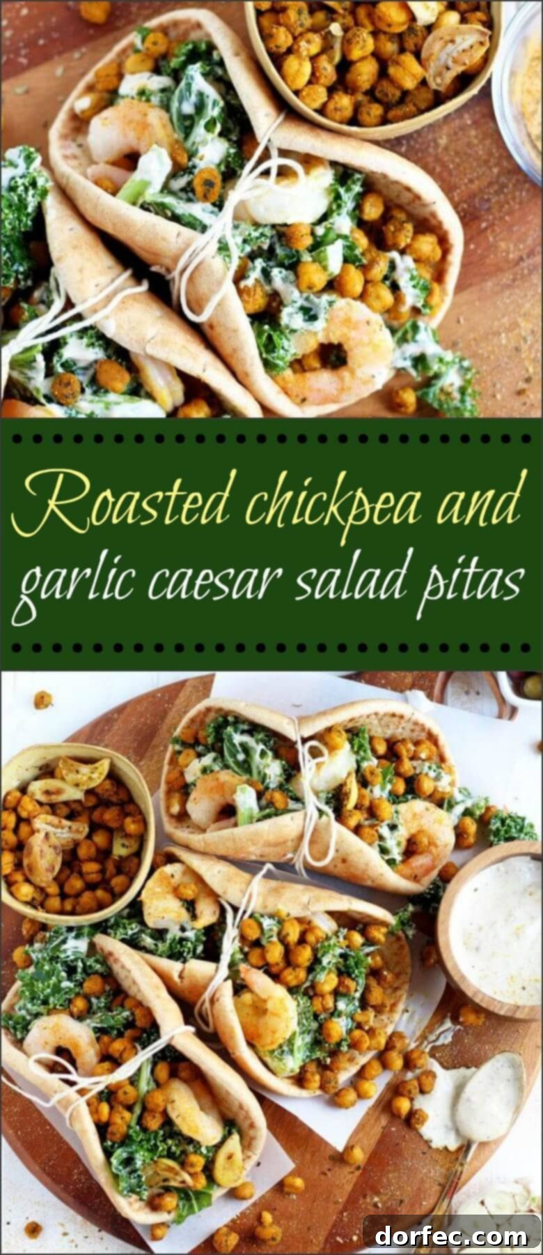 Crispy Chickpea Caesar Pockets 3 Close-up of a completed roasted chickpea and garlic caesar salad pita, beautifully presented.