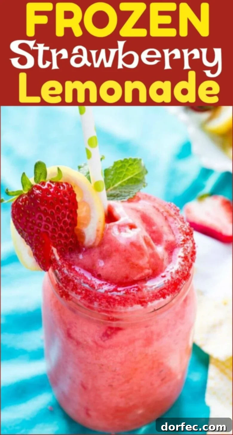 2-Minute Frozen Strawberry Lemonade 3 A large pitcher of vibrant frozen strawberry lemonade next to several glasses, ready to be served at a summer gathering, emphasizing its refreshing appeal and quantity.