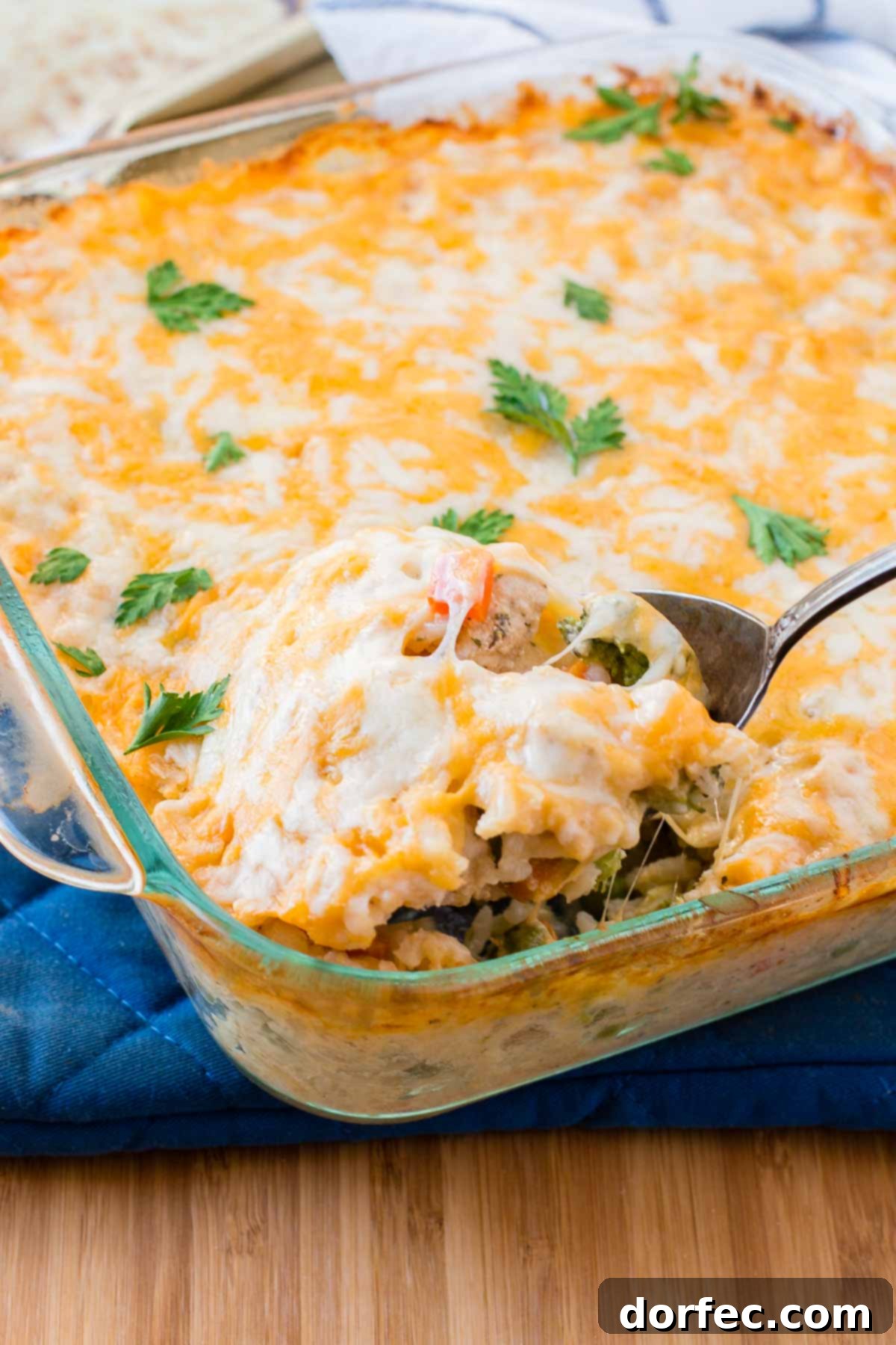 A bubbling pan of golden-brown cheesy chicken and rice casserole, fresh from the oven, promising a delightful family meal.