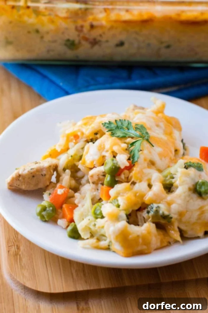 A perfectly portioned serving of Cheesy Chicken and Rice Casserole on a white plate, garnished and ready to enjoy.