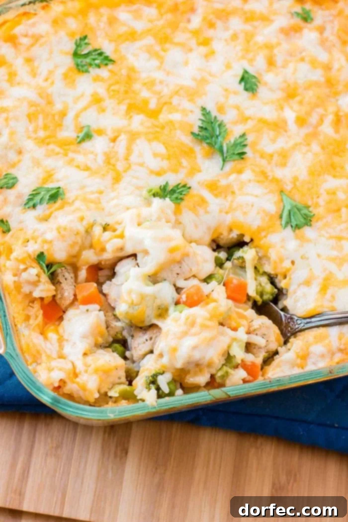 A large serving of gooey Cheesy Chicken and Rice Casserole being scooped from a baking pan, showing the creamy texture and melted cheese.