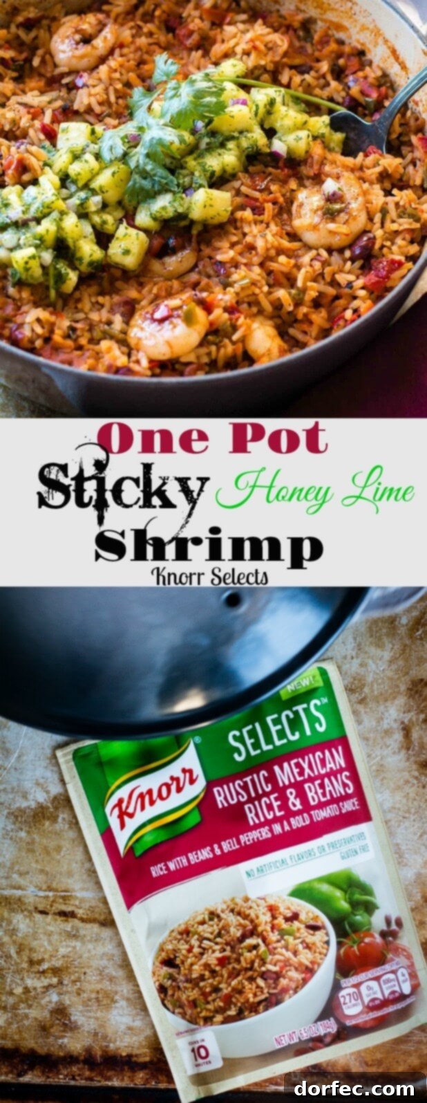 A beautifully plated One Pot Sticky Honey Lime Shrimp dinner Tantalizing close-up of the finished One Pot Sticky Honey Lime Shrimp with Pineapple Chimichurri meal