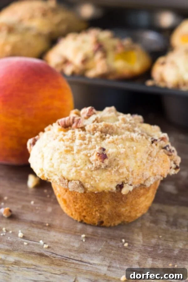 Luscious Brown Sugar Peach Pancakes 2 Fluffy, buttery, super soft Peach Muffins with Streusel Topping – The combo of fresh summer peaches and crunchy, cinnamon, pecan streusel makes these the perfect peach muffins!