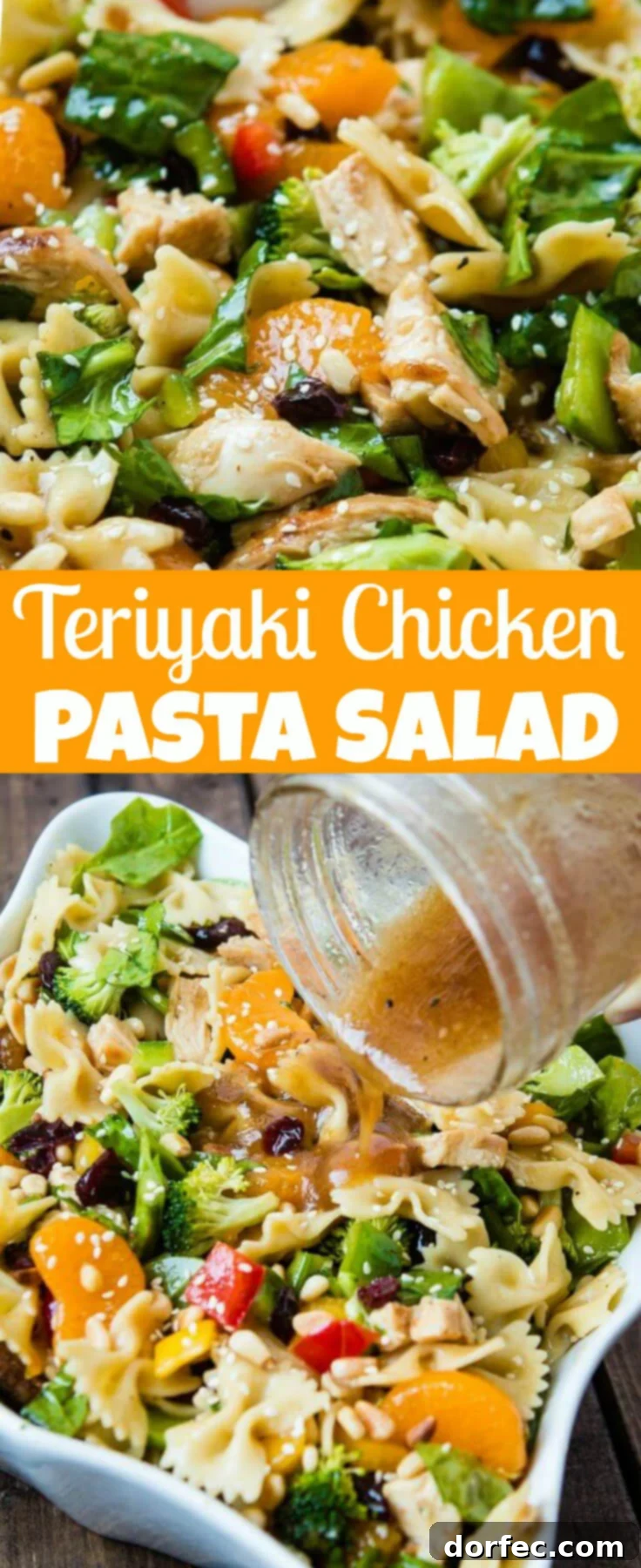 Teriyaki Chicken loaded with veggies, mandarin oranges, pasta and of course a sesame dressing makes up the yummiest teriyaki chicken pasta salad ever!