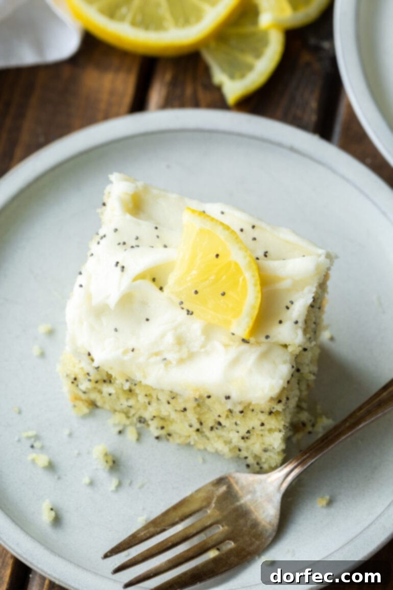 Zesty Lemon Poppy Seed Cake with Velvety Cream Cheese Frosting 5 a photo of a slice of lemon poppy seed cake topped with cream cheese frosting and small wedge of lemon.
