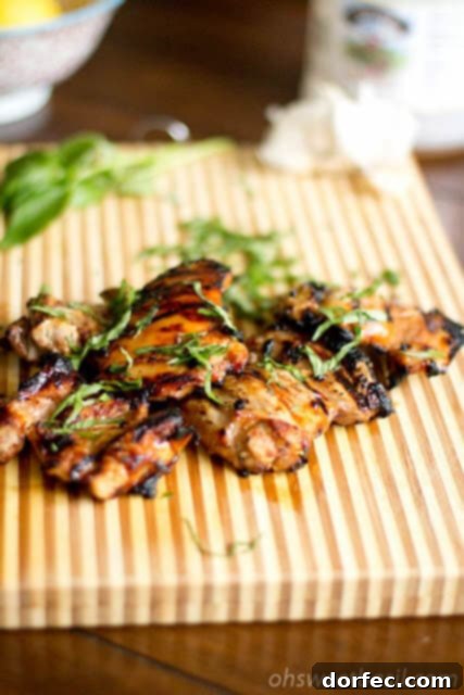 Grilled Honey Lemon Basil Chicken, perfectly cooked and garnished