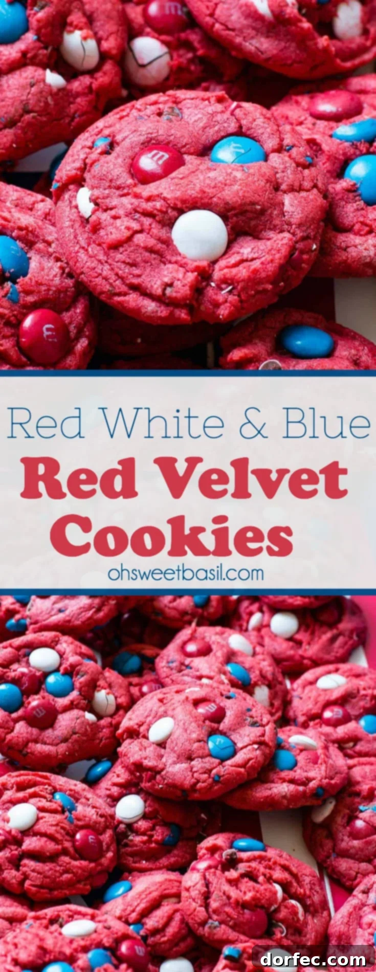 A bunch of Red White and Blue Red Velvet Cookies with m&m’s