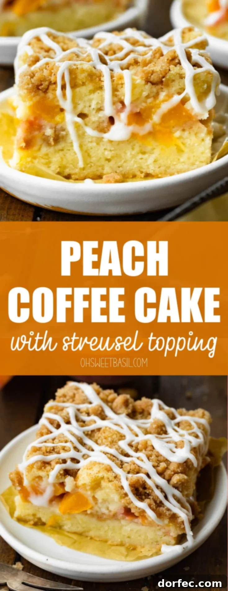 A grand slice of peach coffee cake, exquisitely presented on a small dessert plate, featuring its delectable crunchy cinnamon streusel topping and elegant vanilla glaze drizzle.