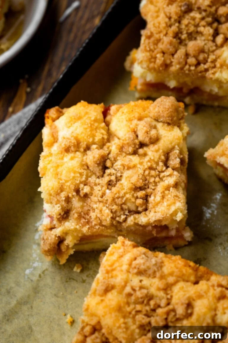 A close-up of a rustic slice of peach coffee cake with a rich cinnamon streusel topping, highlighting the textures and golden-brown crust.