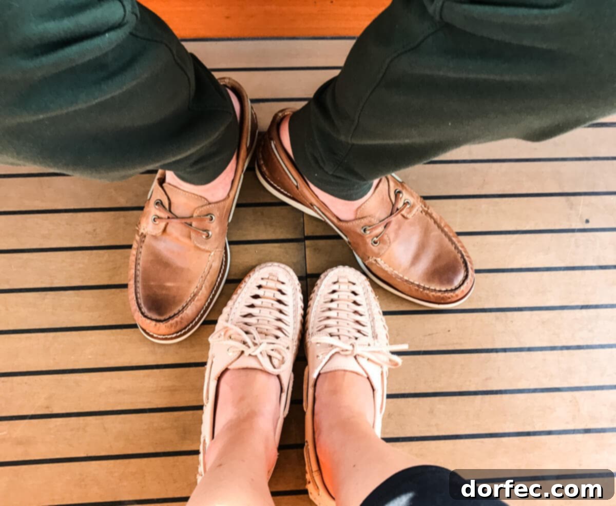 Essential travel footwear: Sperry Gold Cup for him, Huaraches for her. Comfort and style that prevent aching feet and blisters, even after long days of sightseeing.