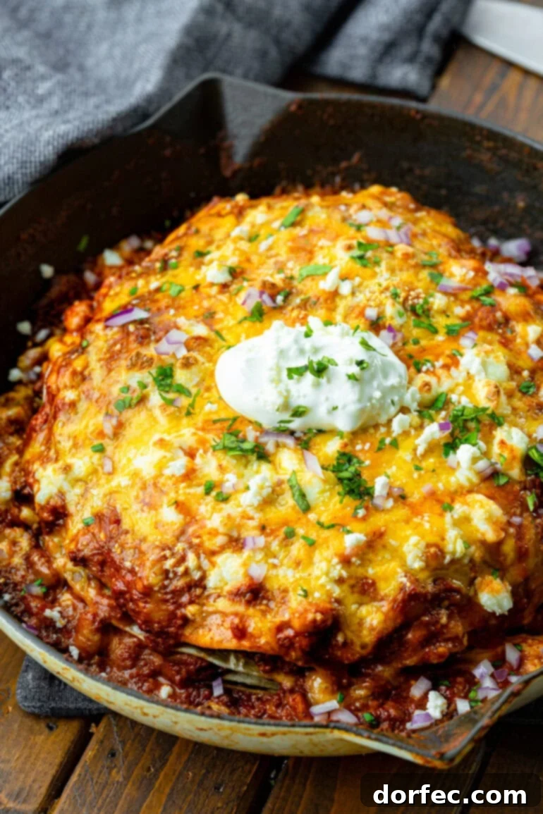 Quick One Skillet Ground Beef Enchilada Dinner 2 A photo of a cast iron skillet full of ground beef enchilada casserole topped with melted cheese, chopped cilantro and a dollop of sour cream, ready to be served.