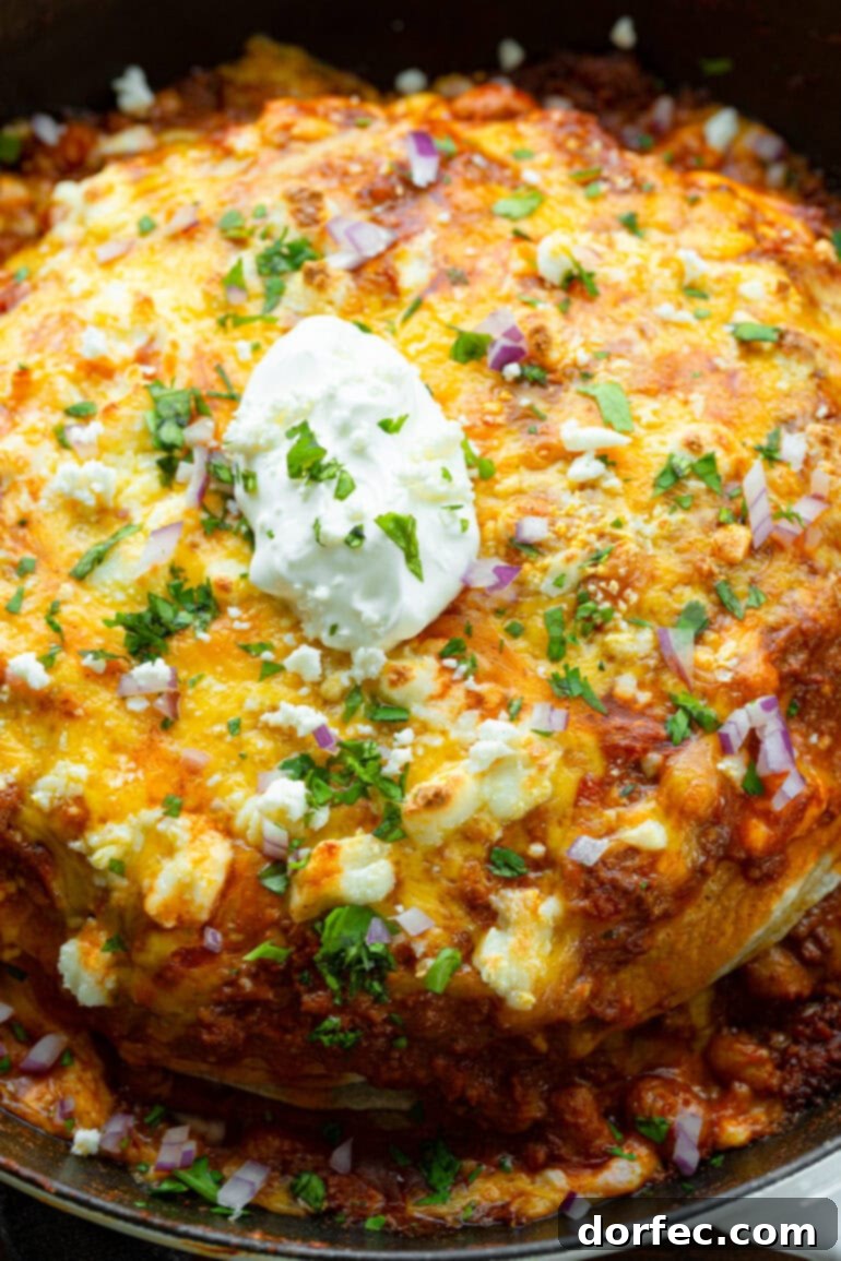 Quick One Skillet Ground Beef Enchilada Dinner 11 An inviting overhead shot of ground beef enchilada casserole, generously topped with a dollop of sour cream, fresh cilantro, and finely diced red onions, showcasing its vibrant flavors.