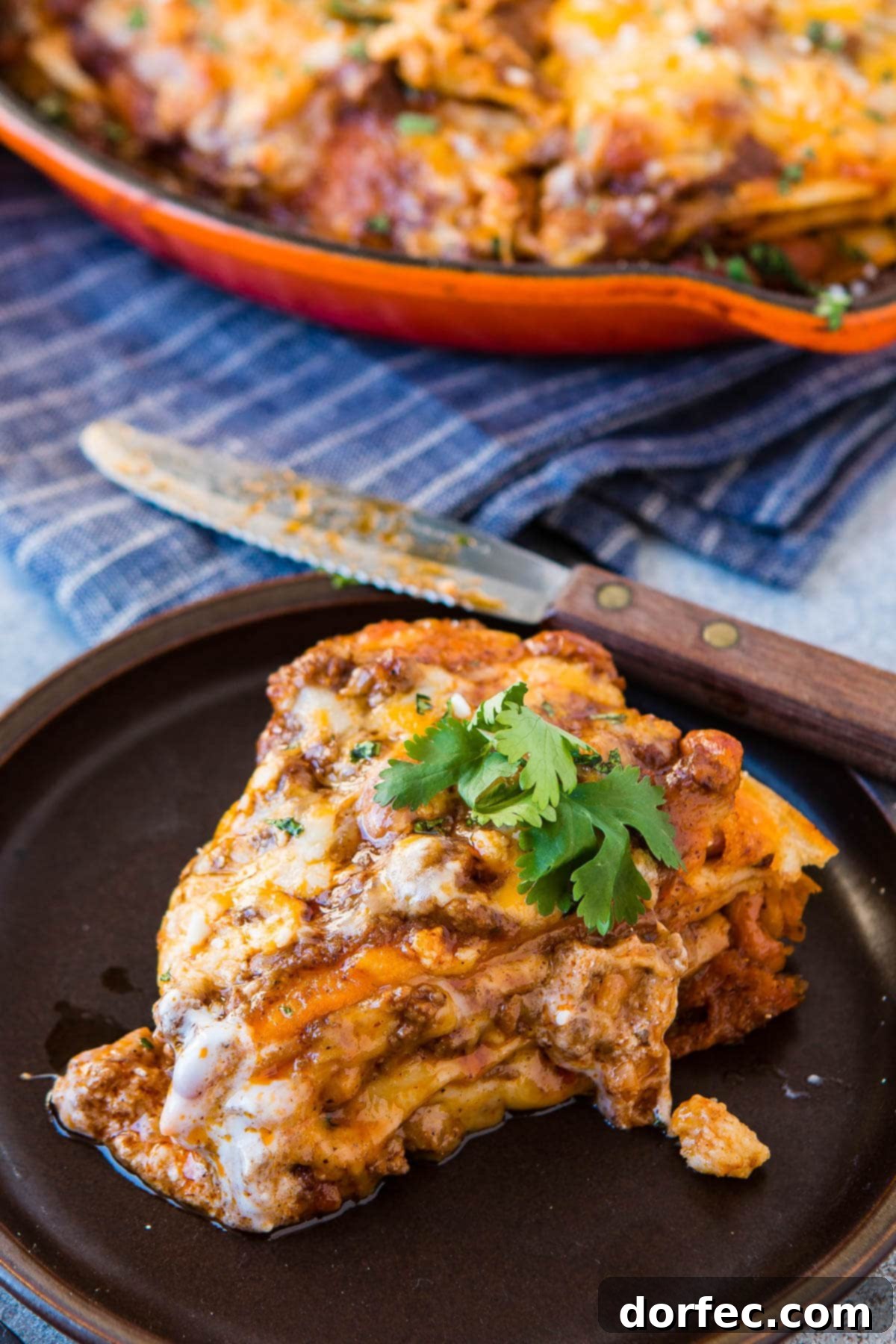Quick One Skillet Ground Beef Enchilada Dinner 8 A beautifully plated slice of enchilada casserole on a dinner plate, garnished with a few leaves of fresh cilantro, ready to be enjoyed.