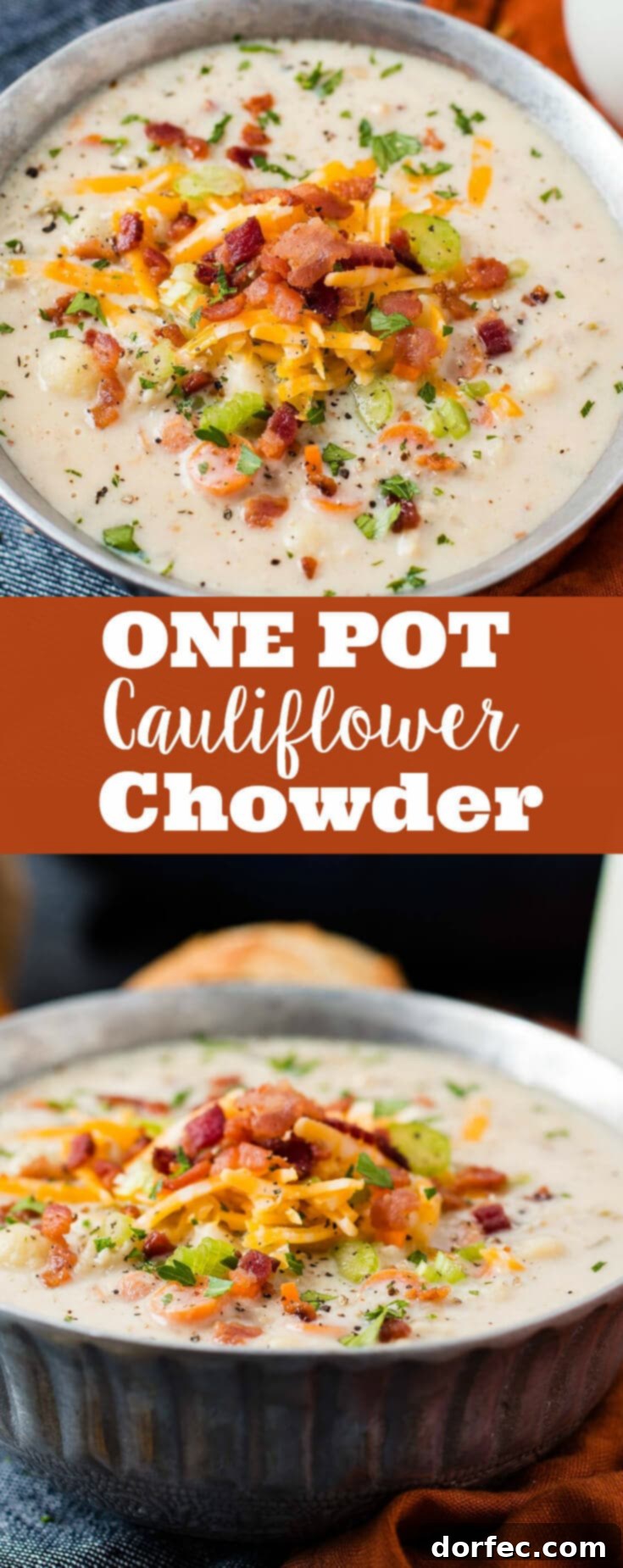 Final plating of the creamy One Pot Cauliflower Chowder, garnished with bacon, cheese, and parsley, ready to be enjoyed as a hearty fall meal.