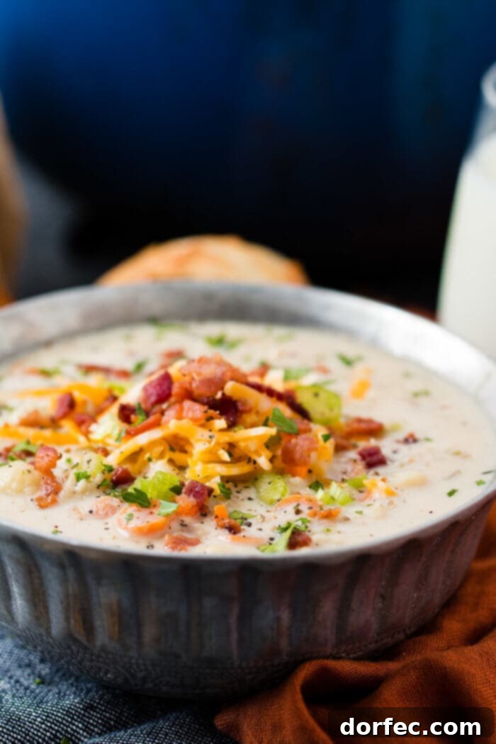 A steaming bowl of One Pot Cauliflower Chowder, promising a quick, easy, and healthy dinner solution for busy weeknights.