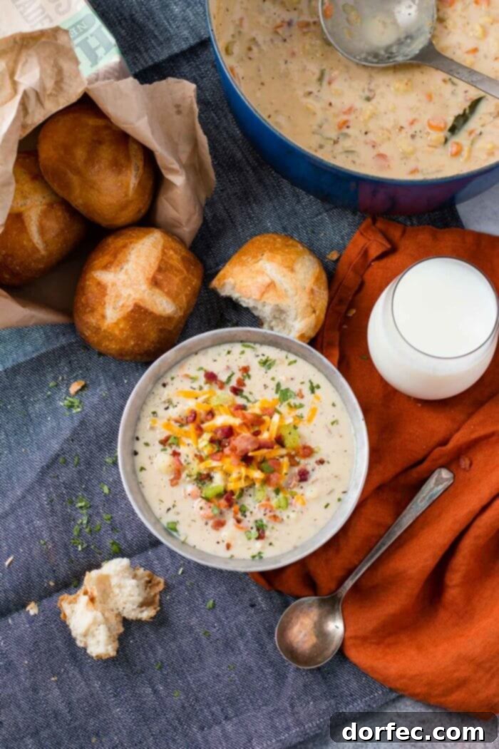 One Pot Cauliflower Chowder presented with chewy, freshly baked rolls and a tall, refreshing glass of cold milk for a complete and wholesome meal.