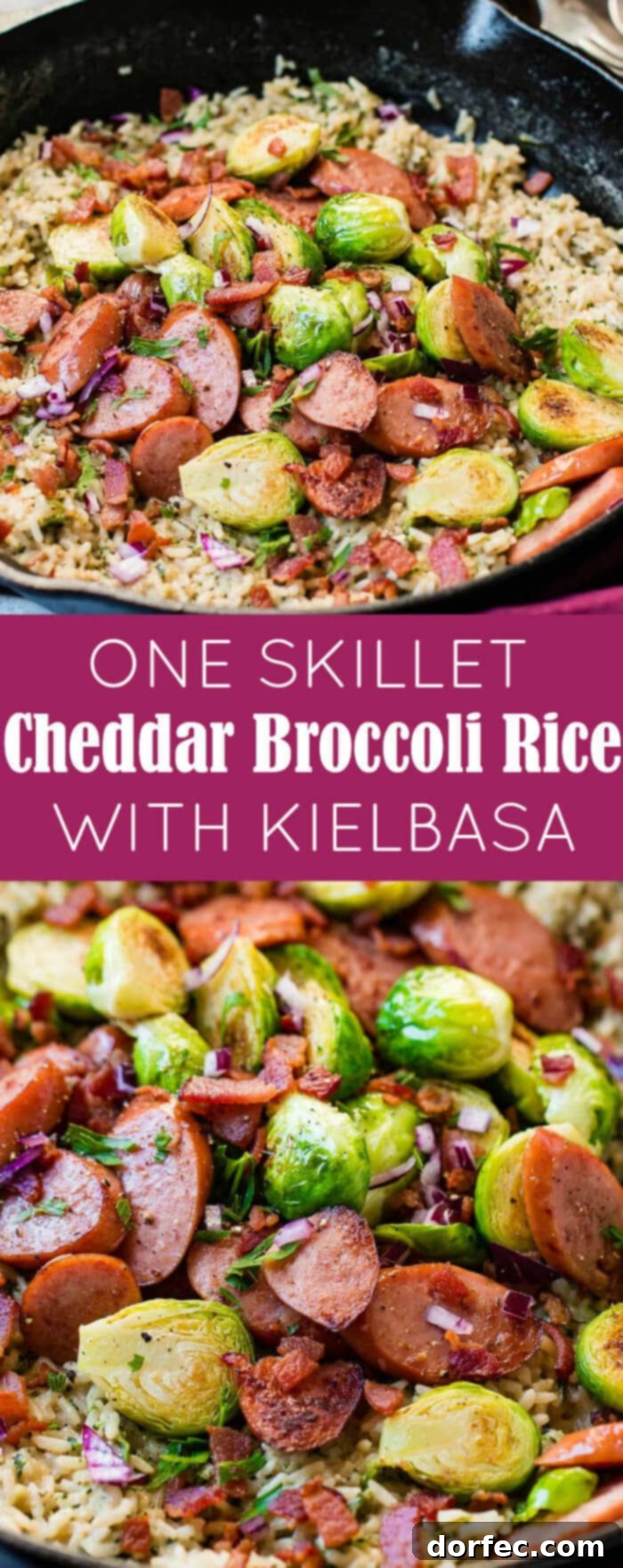 Serve this one-skillet cheddar broccoli rice with kielbasa for a delightful and simple dinner solution.