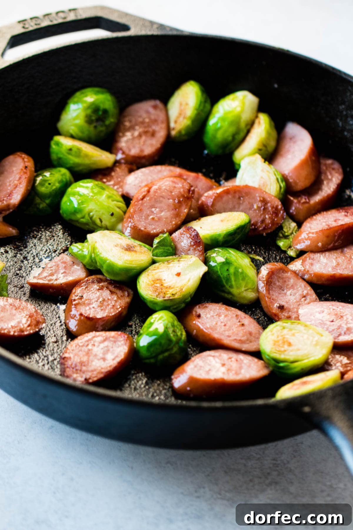 The perfect combination of crispy Brussels sprouts and savory kielbasa in one skillet, a truly easy dinner solution.